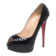 Christian Louboutin Black Patent Leather Lady Peep Toe Platform Pumps Size 40