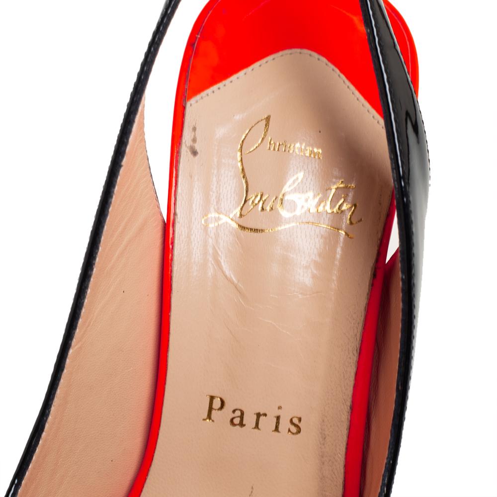 Beige Christian Louboutin Black Patent Leather Lady Peep Toe Platform Sandals Size 37