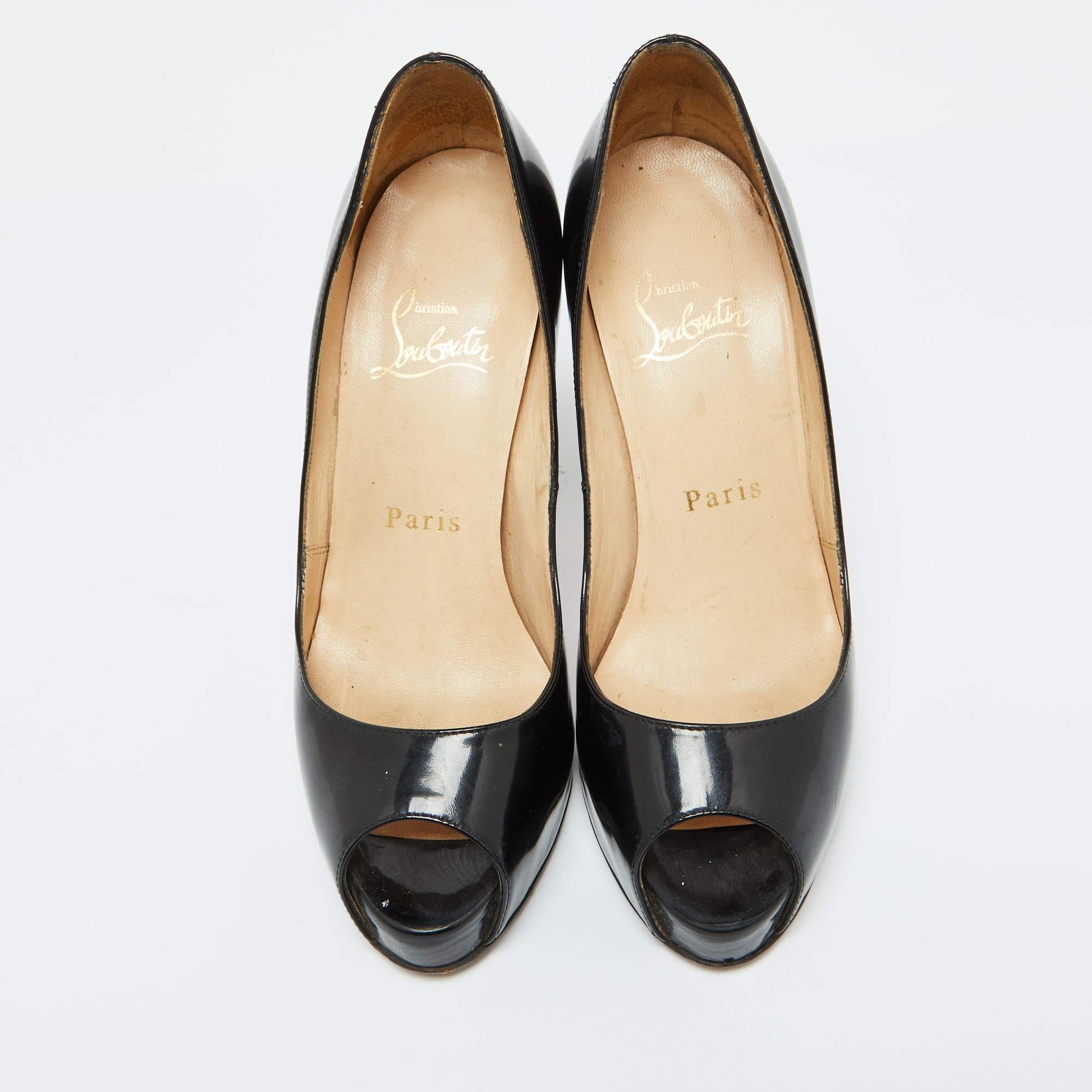 Christian Louboutin Black Patent Leather Lady Peep Toe Pumps 34.5 In Fair Condition For Sale In Dubai, Al Qouz 2