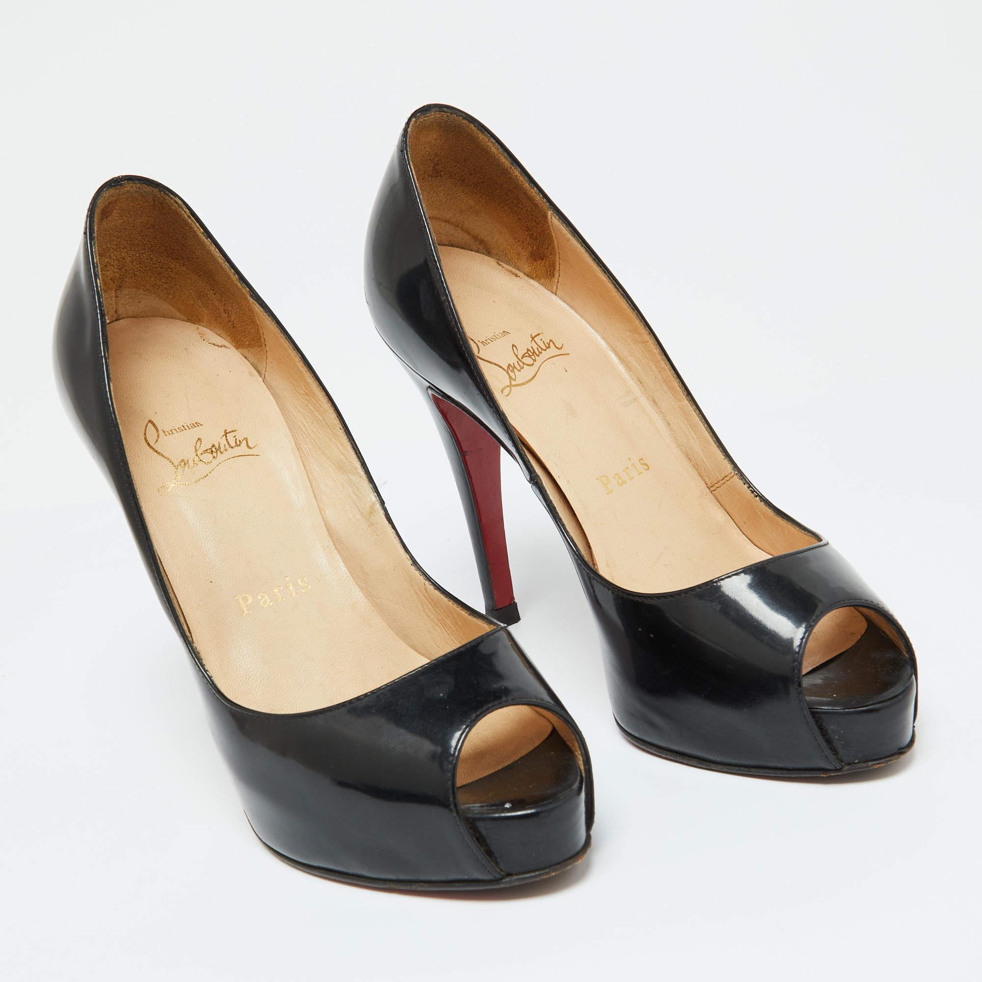 Women's Christian Louboutin Black Patent Leather Lady Peep Toe Pumps 34.5 For Sale