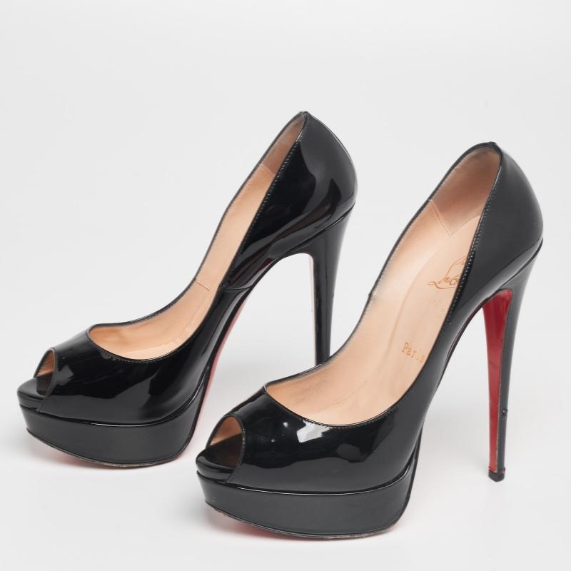 Women's Christian Louboutin Black Patent Leather Lady Peep-Toe Pumps Size 38 For Sale