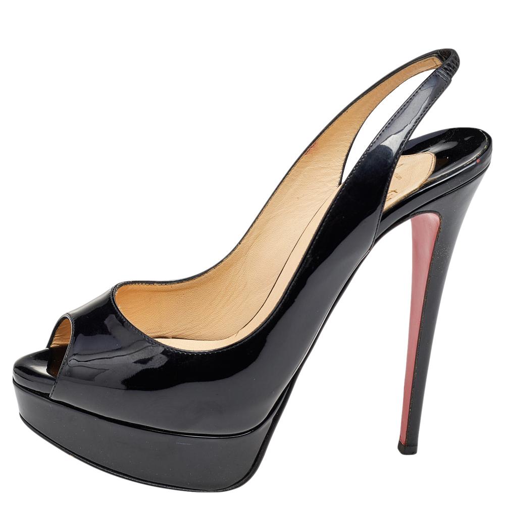 Christian Louboutin Black Patent Leather Lady Peep Toe Sandals Size 38.5 1