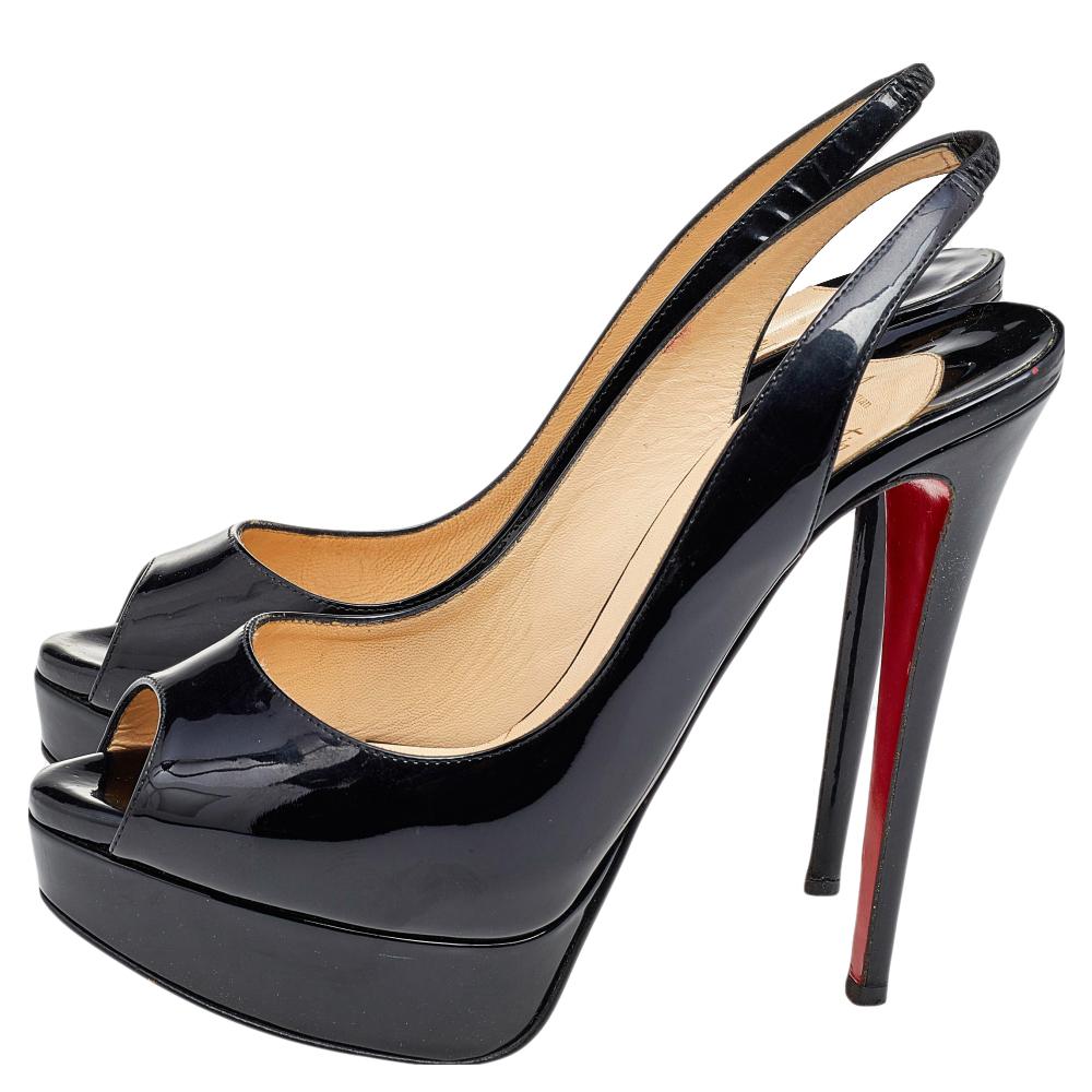 Christian Louboutin Black Patent Leather Lady Peep Toe Sandals Size 38.5 3