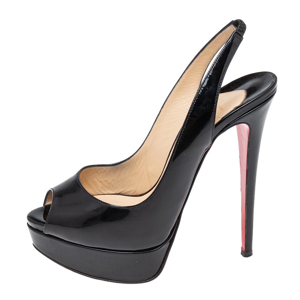 Christian Louboutin Black Patent Leather Lady Peep-Toe Slingback Pumps Size 37 1