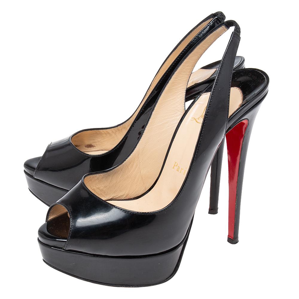 Christian Louboutin Black Patent Leather Lady Peep-Toe Slingback Pumps Size 37 2