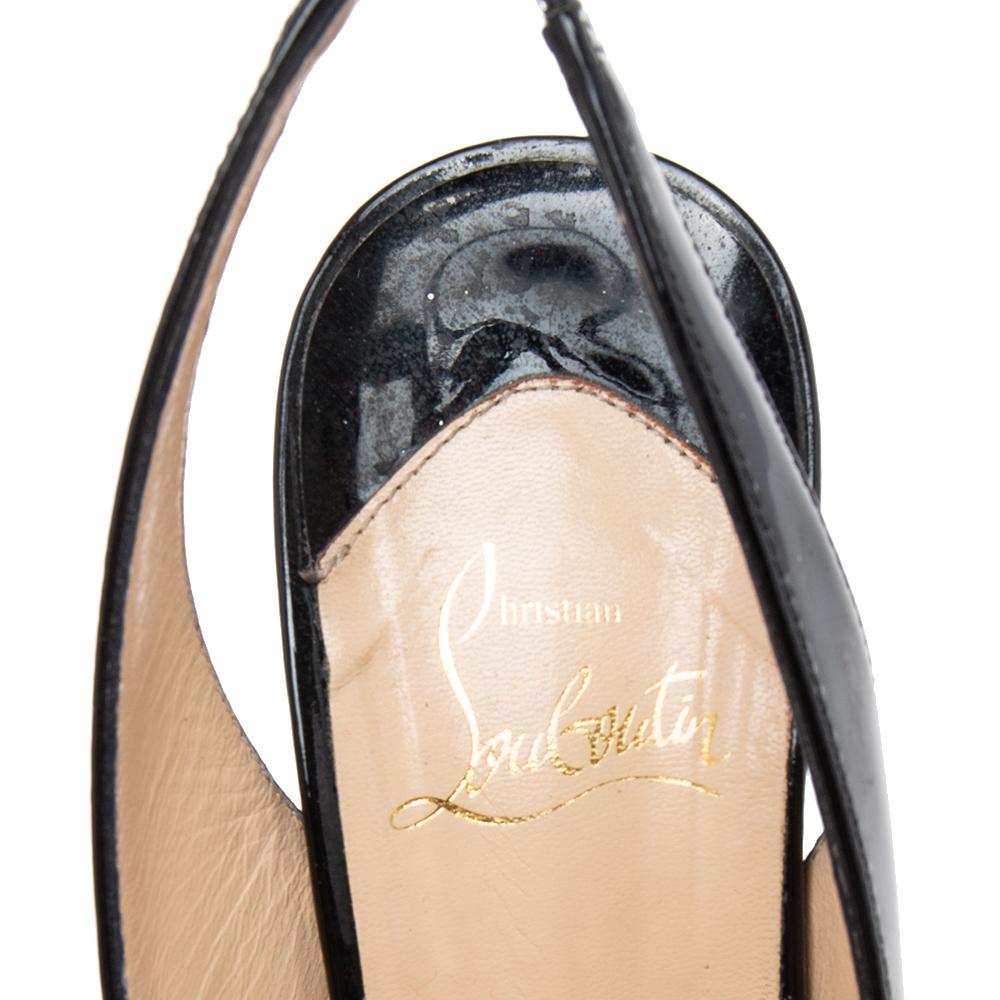 Christian Louboutin Black Patent Leather Lady Peep-Toe Slingback Pumps Size 37 4