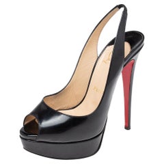 Christian Louboutin Black Patent Leather Lady Peep-Toe Slingback Pumps Size 37