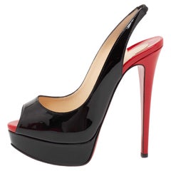Christian Louboutin Black Patent Leather Lady Peep-Toe Slingback Sandals Size 35