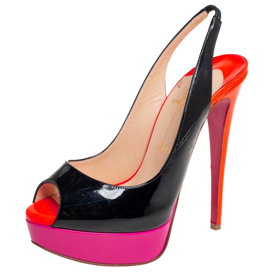 Christian Louboutin Sandales en cuir verni noir Lady Peep Toe Slingback Taille 37