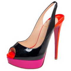 Christian Louboutin Black Patent Leather Lady Peep Toe Slingback Sandals Size 37