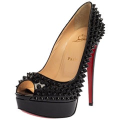 Christian Louboutin Black Patent Leather Lady Peep Toe Spike Platform Size 37.5