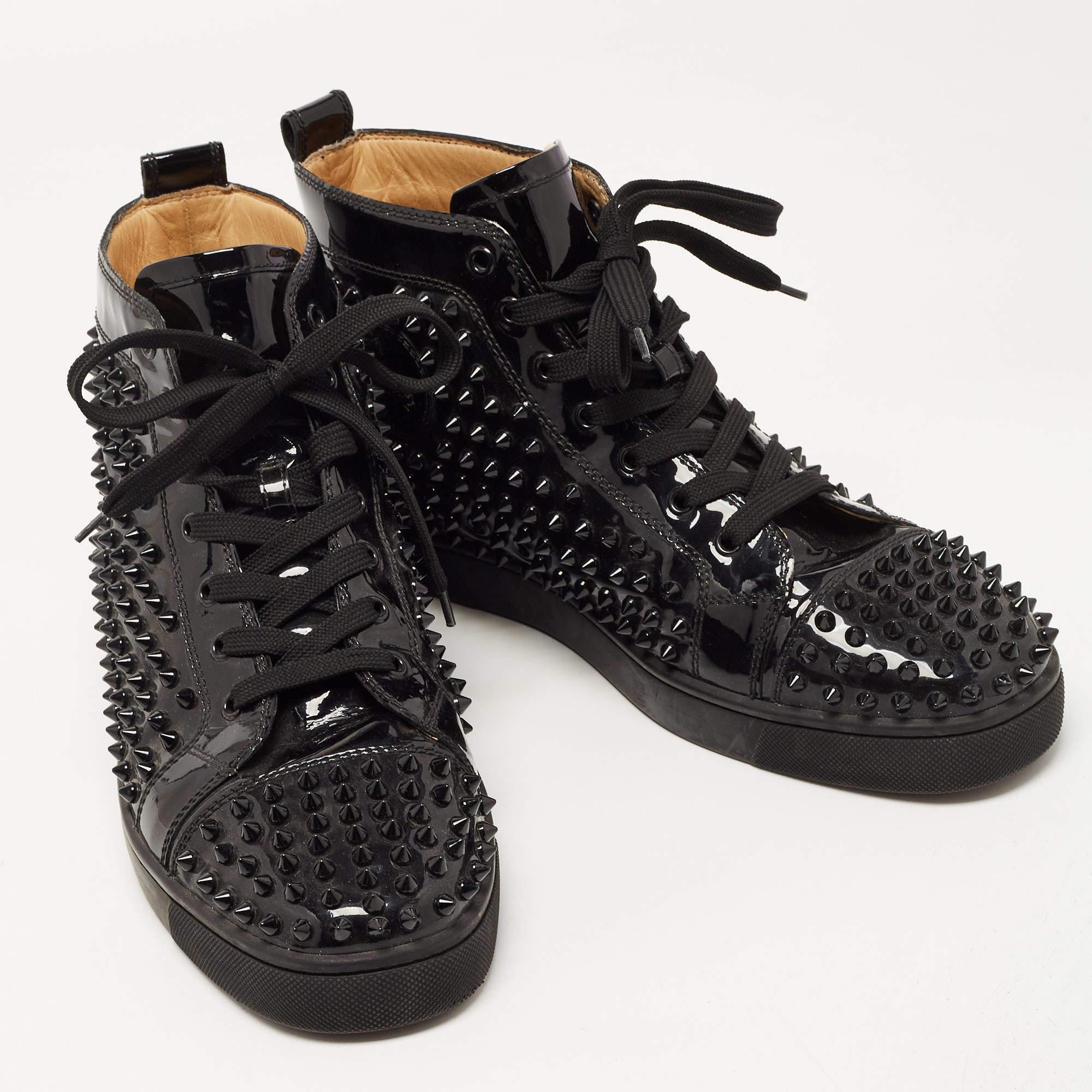 Christian Louboutin Black Patent Leather Louis Spikes High Top Sneakers Size 43. In Good Condition In Dubai, Al Qouz 2