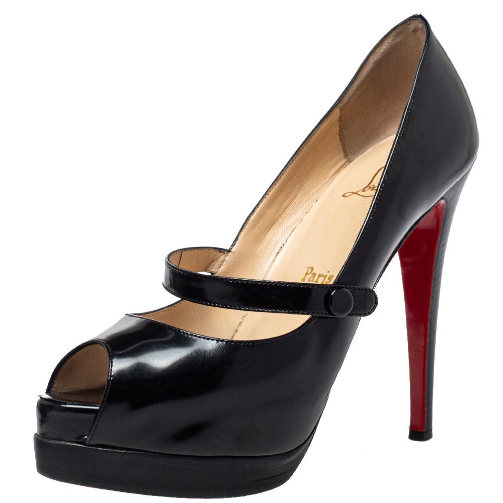 Look chic and make an elegant style statement in this pair of patent leather pumps. Enhance your look by adding these Christian Louboutin pumps to the ensemble. They are designed in a mary-jane style with low platforms and high heels.

