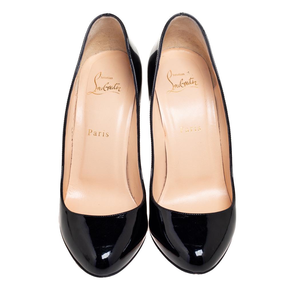 These Christian Louboutin pumps are a must-have addition to your collection. Crafted from black patent leather, they have a simple yet sophisticated design that will perfectly match any outfit, on any occasion. Leather soles and 11 cm heels complete