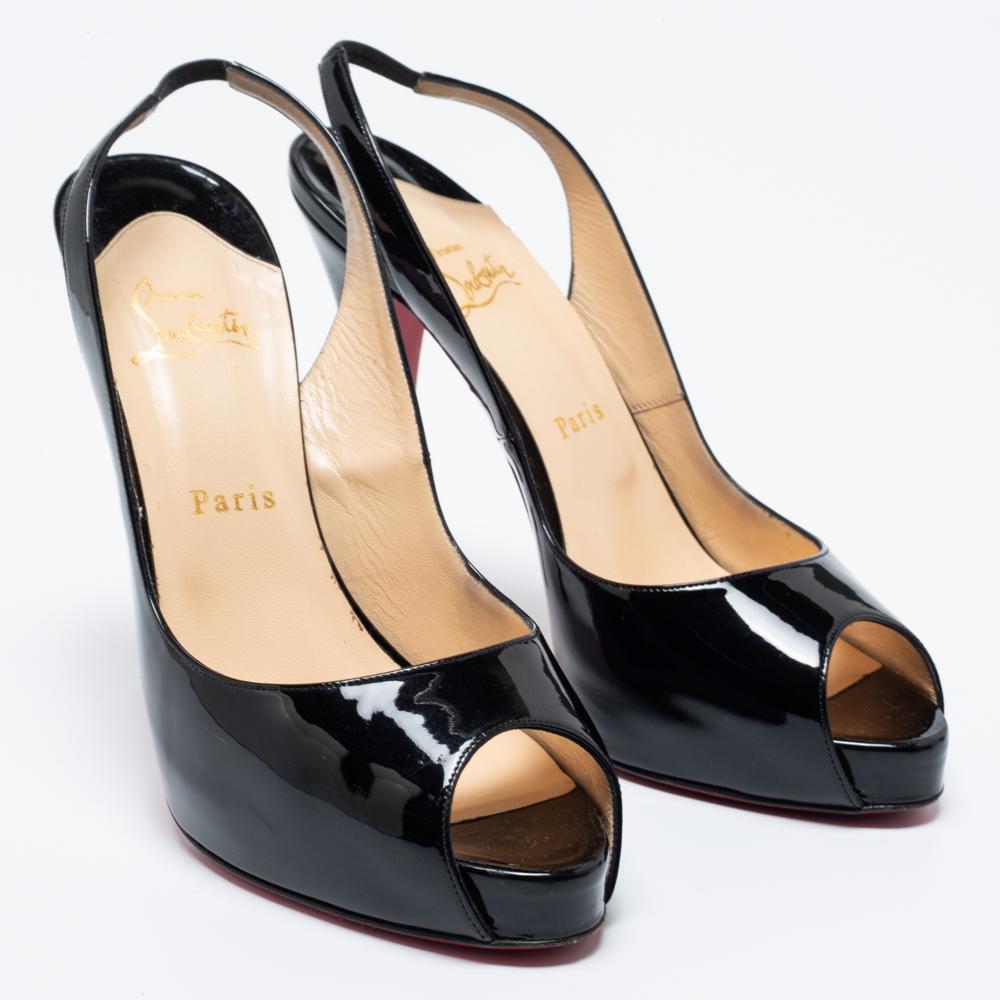 Christian Louboutin Black Patent Leather No Prive Slingback Sandals Size 40 In Good Condition For Sale In Dubai, Al Qouz 2