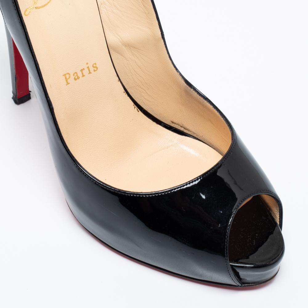 Women's Christian Louboutin Black Patent Leather No Prive Slingback Sandals Size 40 For Sale
