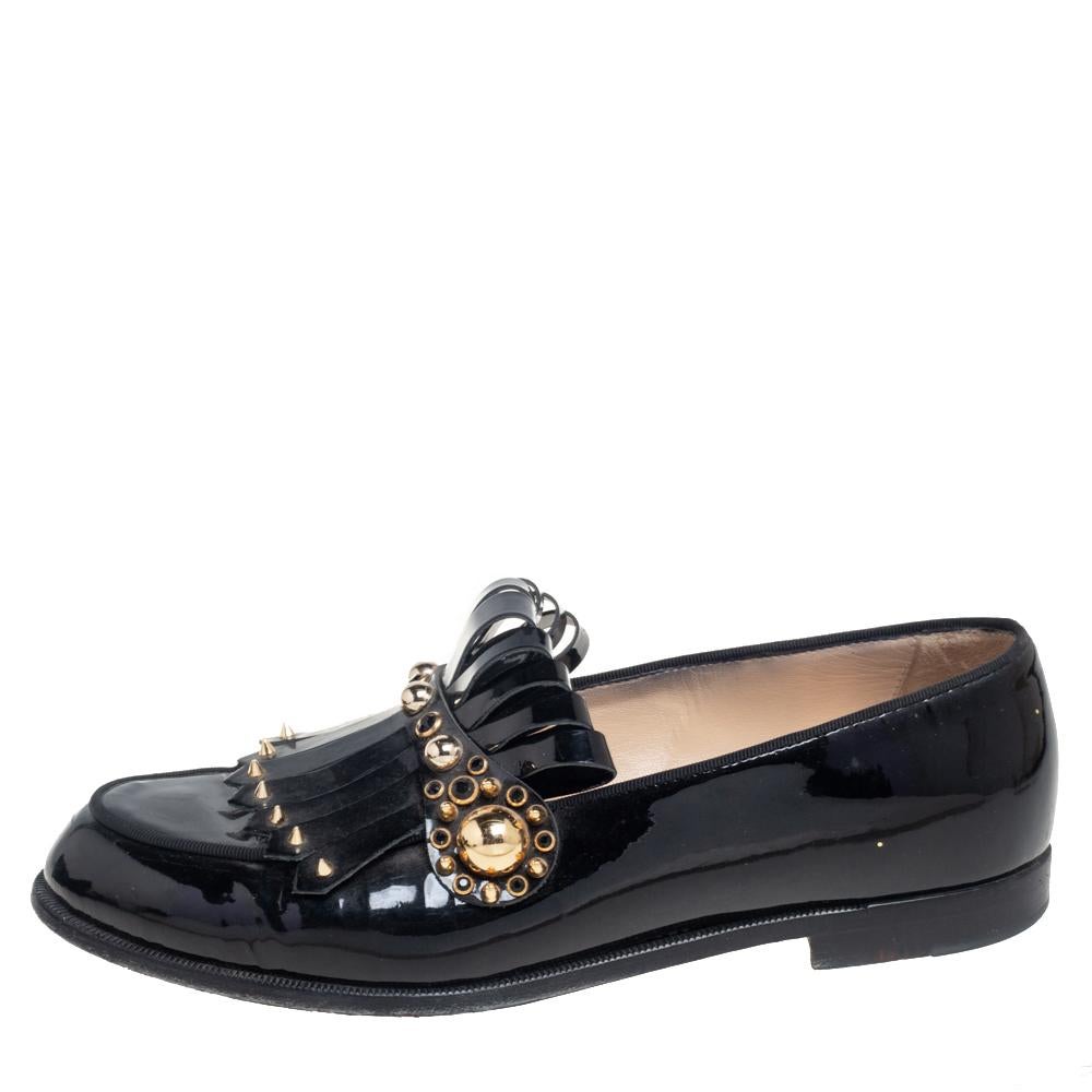 Christian Louboutin Black Patent Leather Octavian Bolla Fringe Loafers Size 39 1