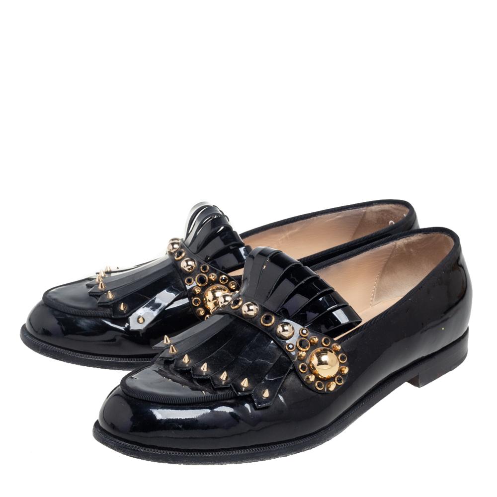 Christian Louboutin Black Patent Leather Octavian Bolla Fringe Loafers Size 39 2