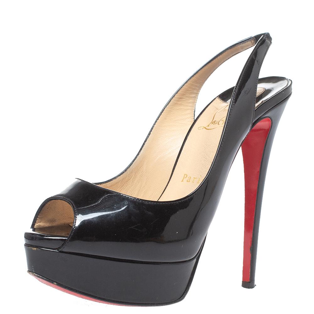 Stand out from a crowd with this gorgeous pair of Louboutins that exude high fashion with class! Crafted from patent leather, this is a creation from their Lady Peep collection. They feature a classic black shade with peep toes, slingbacks, and a