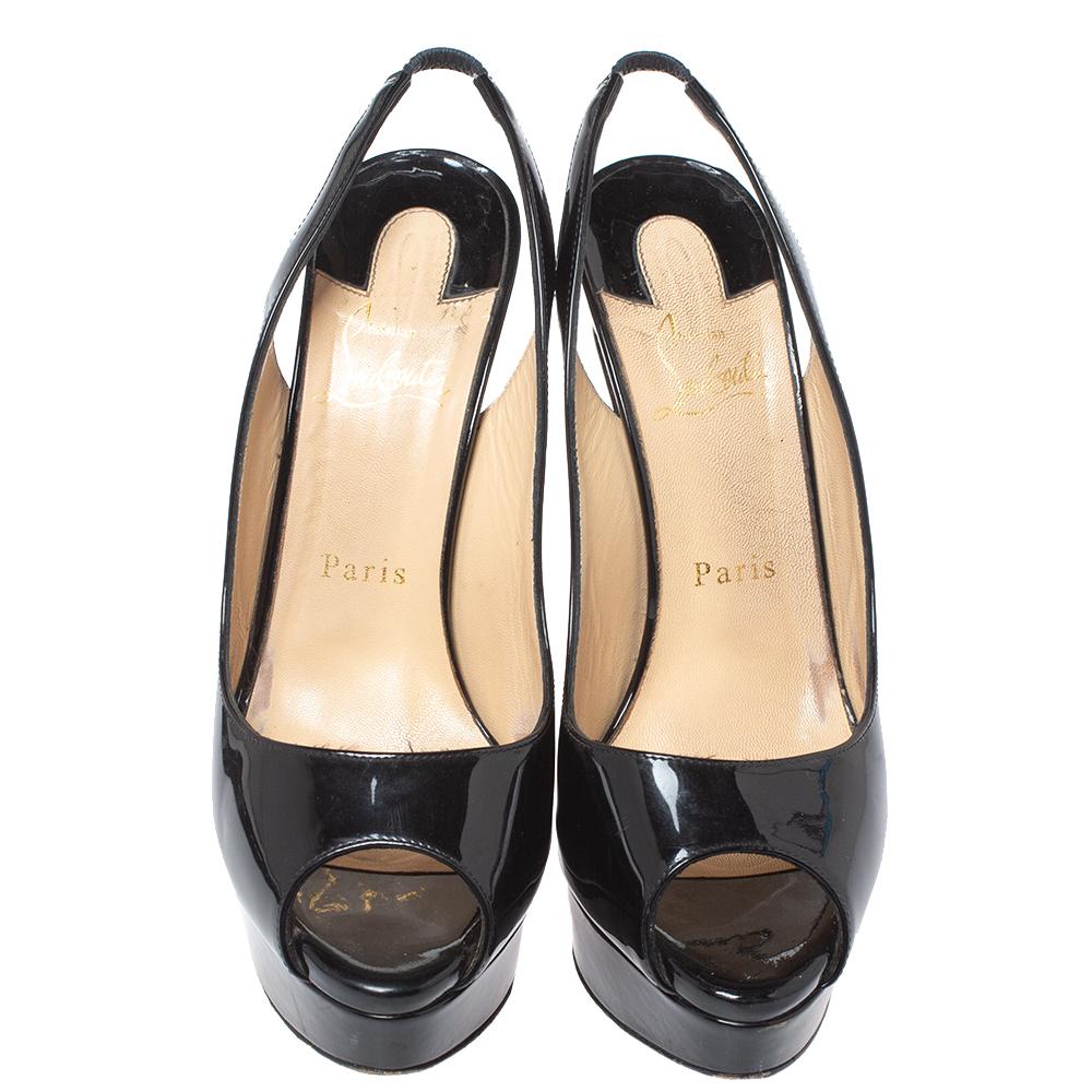 Christian Louboutin Black Patent Leather Peep Toe Platform Sandals Size 37.5 In Good Condition In Dubai, Al Qouz 2