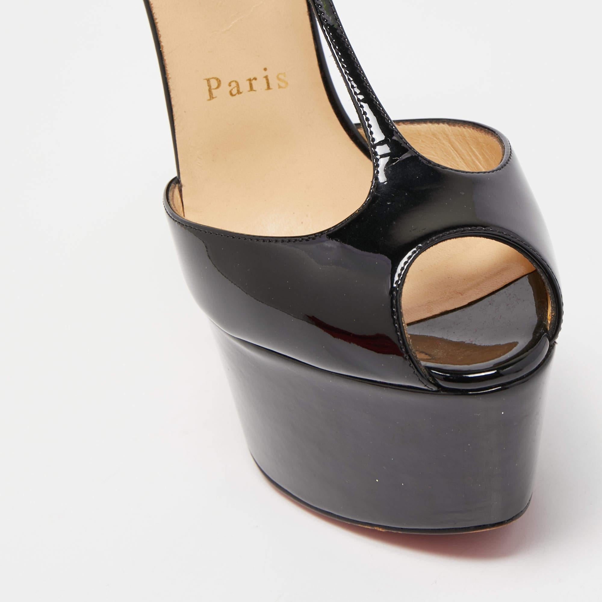 Christian Louboutin Black Patent Leather Peep Toe Platform T-Strap Pumps Size 35 3