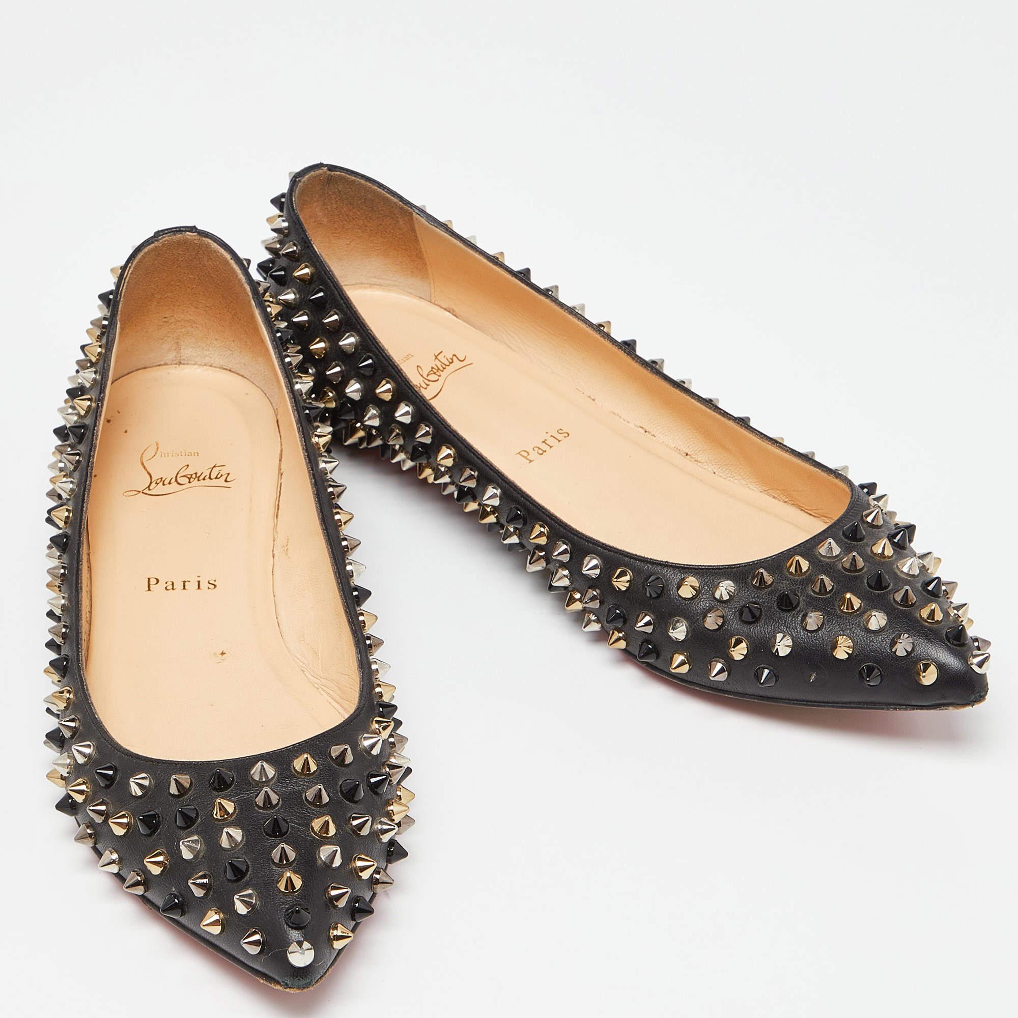 Christian Louboutin Black Patent Leather Pigalle Spikes Ballet Flats Size 39.5 For Sale 1