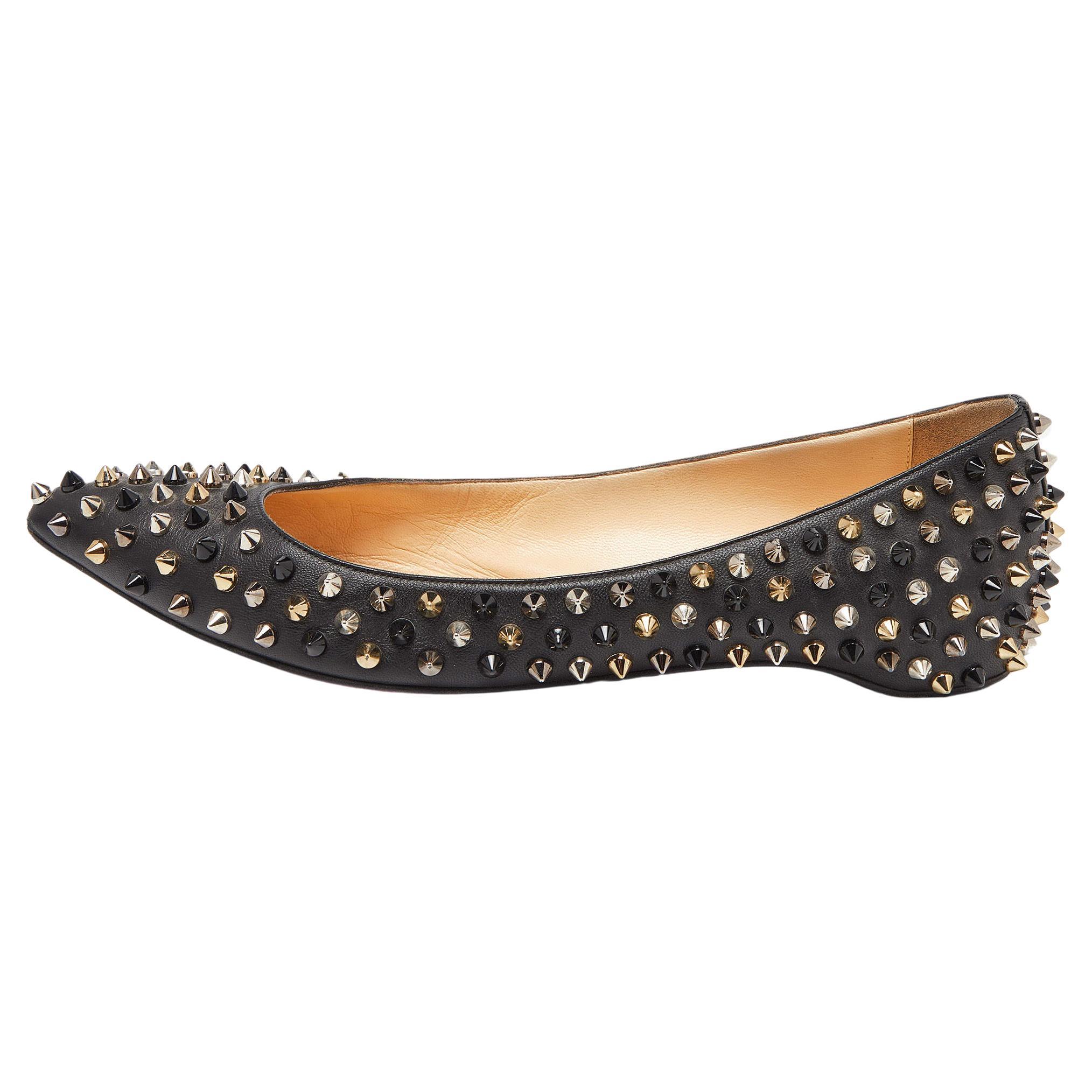 Christian Louboutin Black Patent Leather Pigalle Spikes Ballet Flats Size 39.5 For Sale
