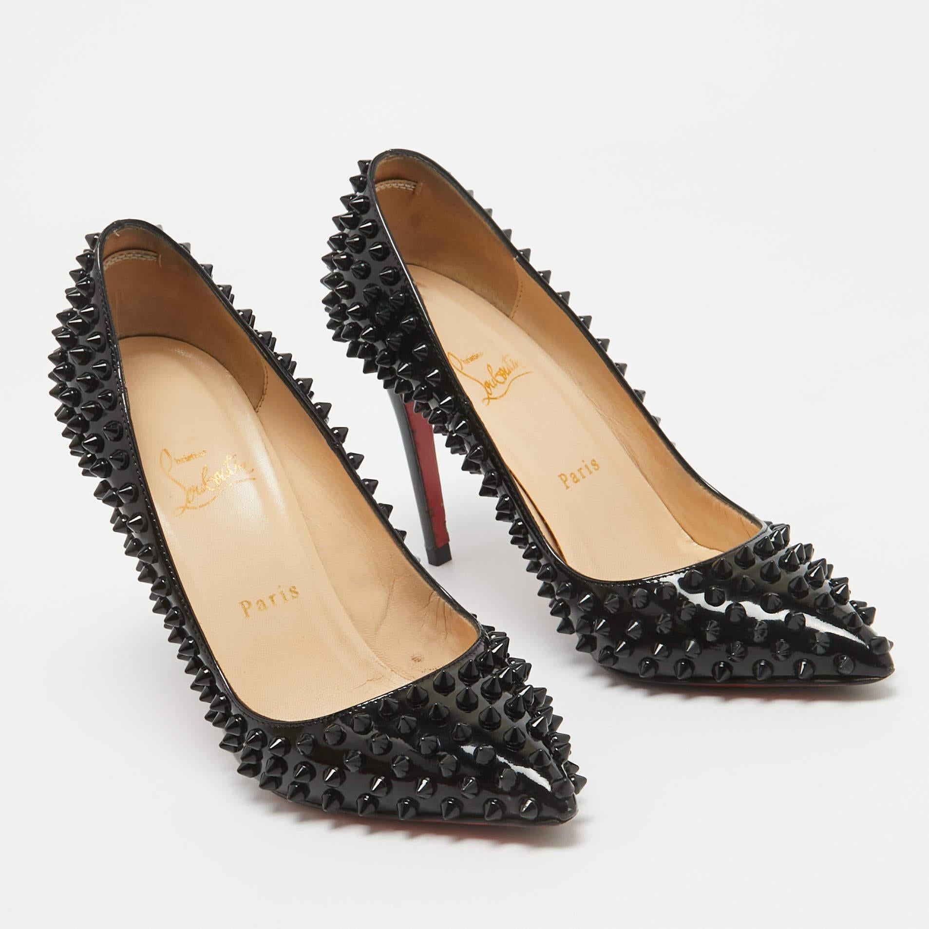 Women's Christian Louboutin Black Patent Leather Pigalle Spikes Pumps Size 38.5