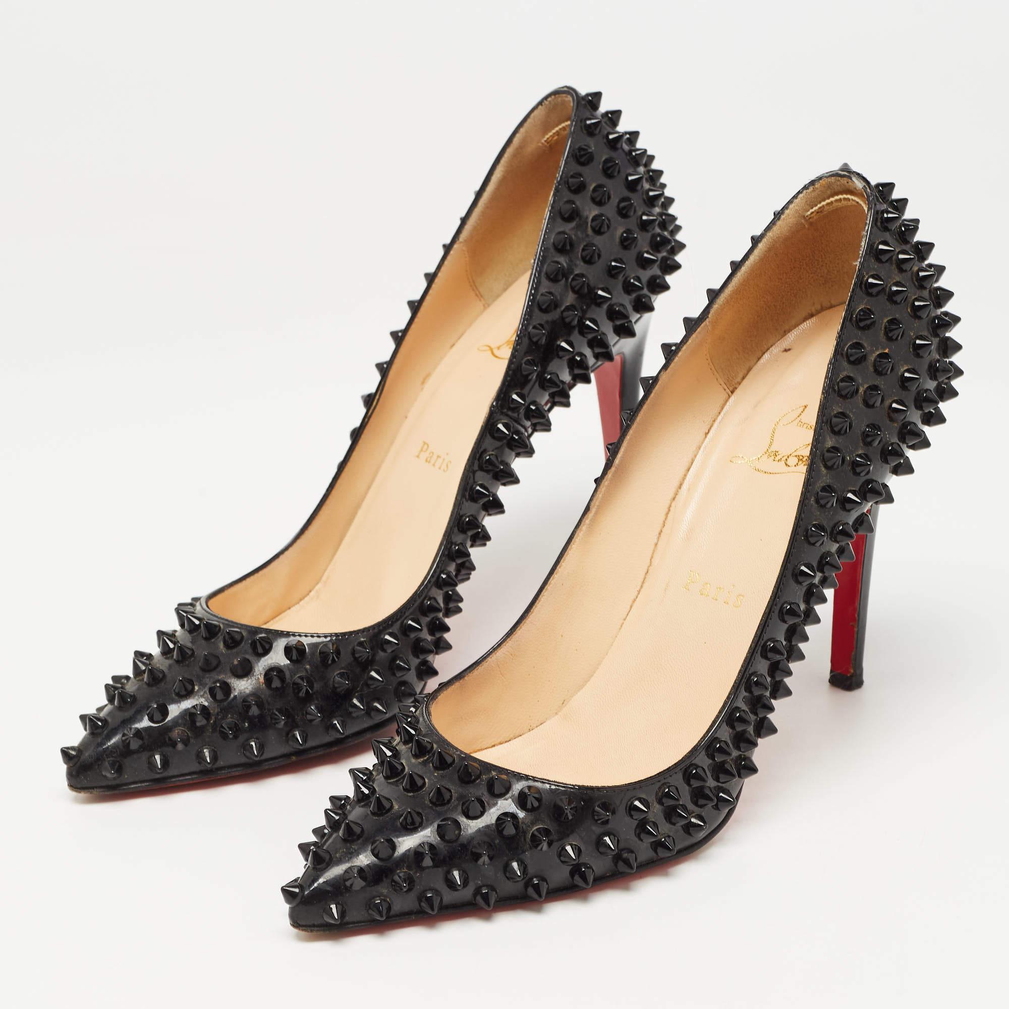 Christian Louboutin Black Patent Leather Pigalle Spikes Pumps Size 39.5 For Sale 4