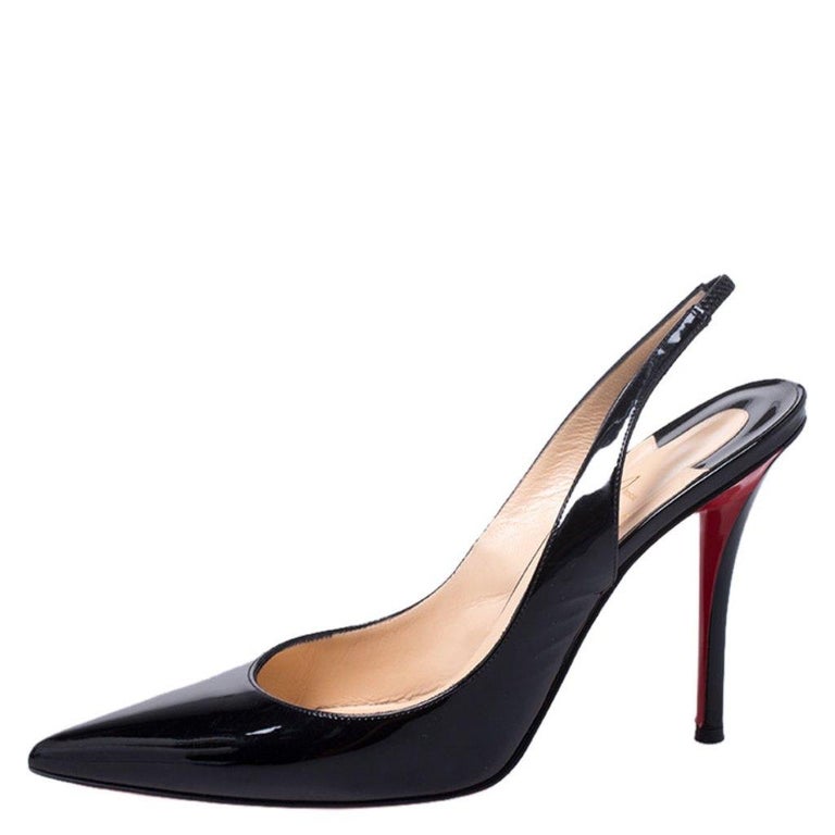 Christian Louboutin Black Patent Leather Pointed Toe Slingback Sandals Size 39 For Sale at 1stDibs