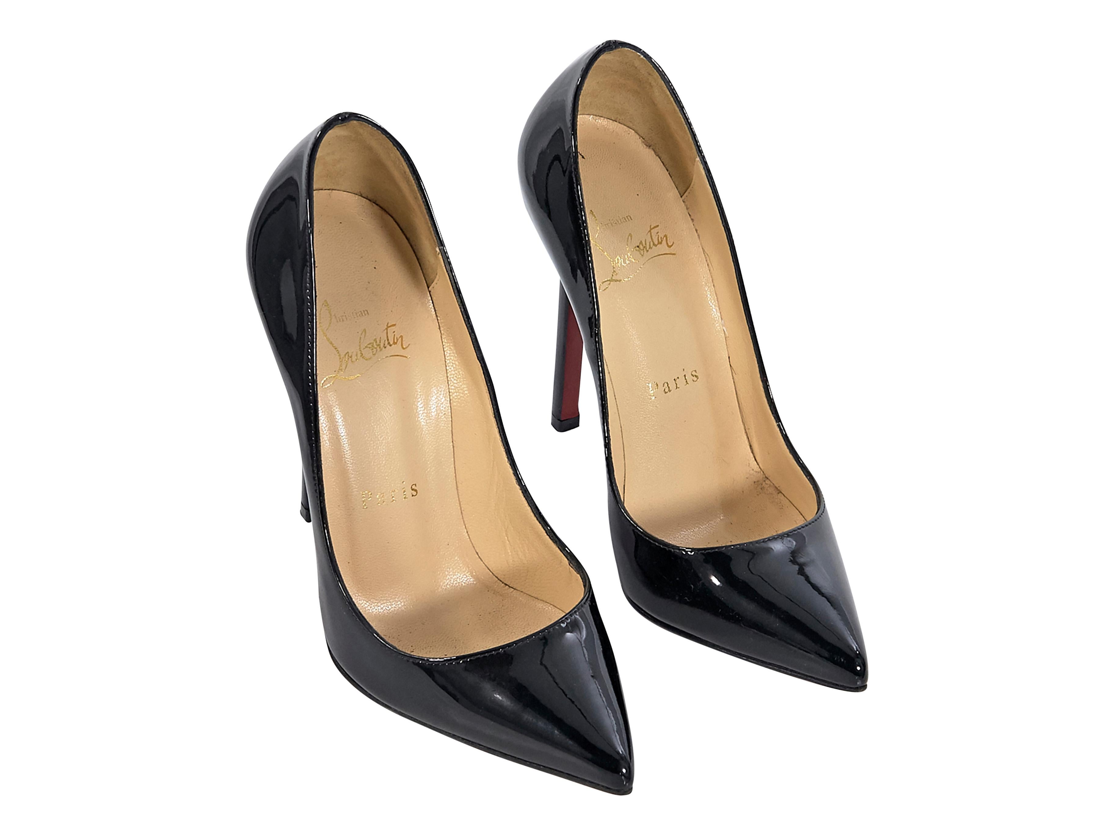 Product details: Black patent leather pumps by Christian Louboutin.  Point toe.  Slip-on style.  4.5