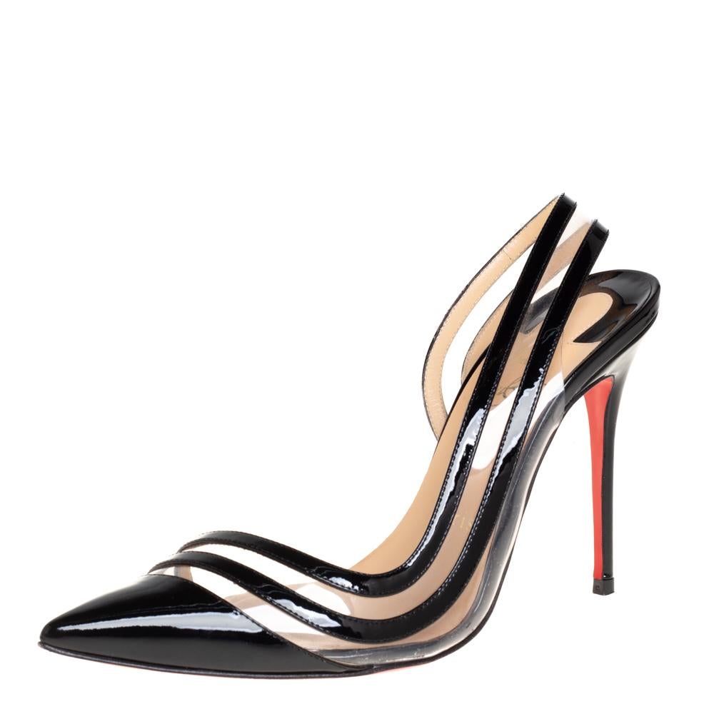 Transform into a style diva when you wear these lovely Christian Louboutin pumps. They are crafted from patent leather and PVC and styled with pointed toes. They are equipped with slingbacks and comfortable leather-lined insoles and elevated on 10.5
