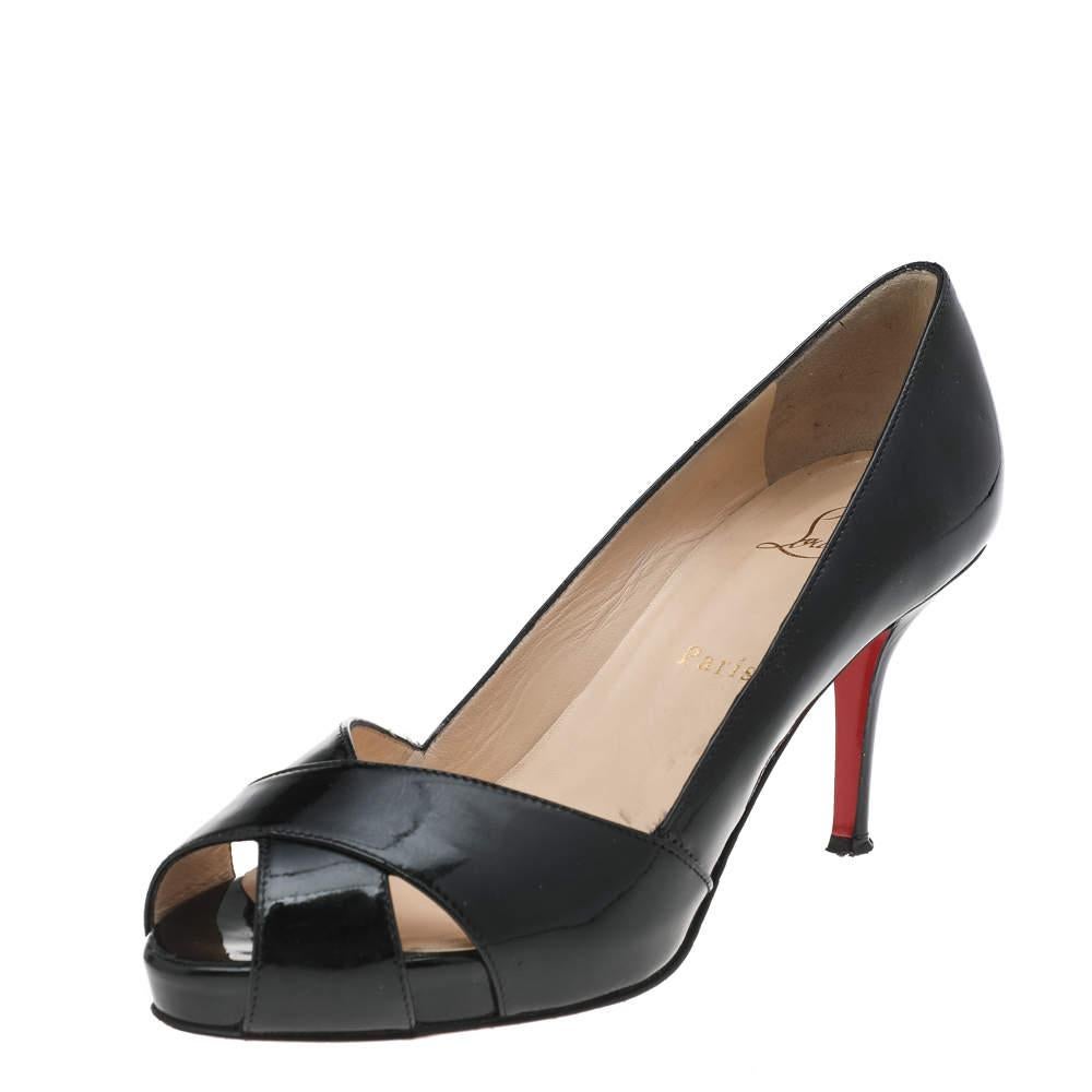 Women's Christian Louboutin Black Patent Leather Shelley Peep Toe Pumps Size 37