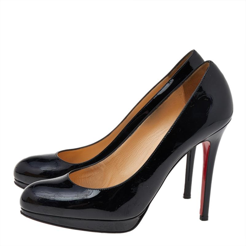 Women's Christian Louboutin Black Patent Leather Simple Round Toe Pumps Size 37.5