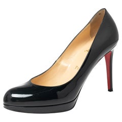 Christian Louboutin Black Patent Leather Simple Round-Toe Pumps Size 37.5