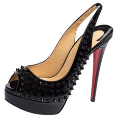 Christian Louboutin Black Patent Leather Spikes Slingback Sandals Size 37