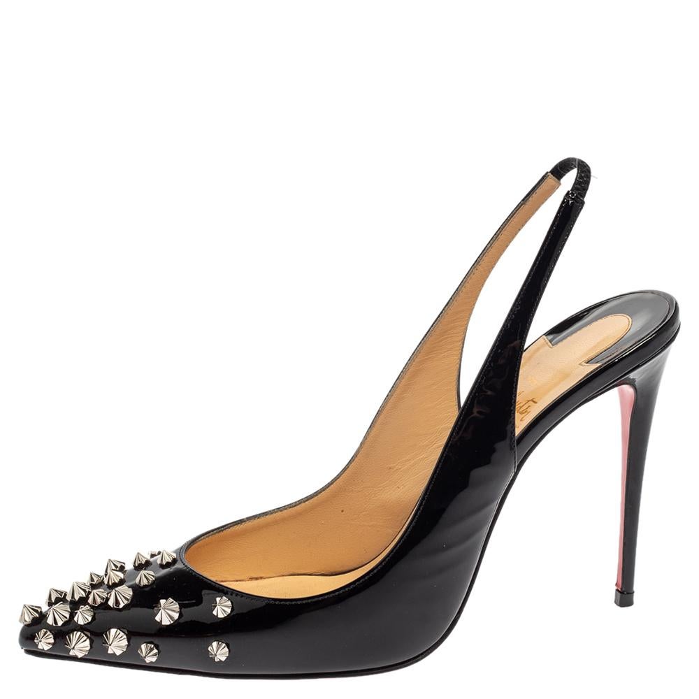 Keep it simple and chic with these premium patent leather sandals by Christian Louboutin. They feature pointed toes detailed with studs, slingbacks, and 11 cm heels. These fashionable sandals in a sleek shade of black can give your entire ensemble a