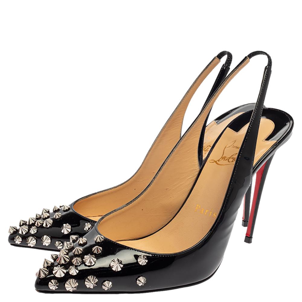 Christian Louboutin Black Patent Leather Studded Slingback Sandals Size 38.5 In Good Condition In Dubai, Al Qouz 2