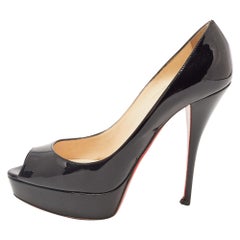 Christian Louboutin Black Patent Leather Troca Peep Toe Platform Pumps Size 39.5