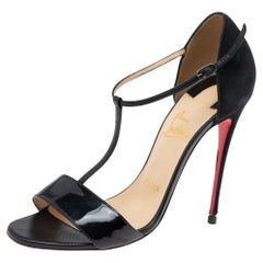 Christian Louboutin Black Patent Leather True Blue T-Strap Sandals Size 37