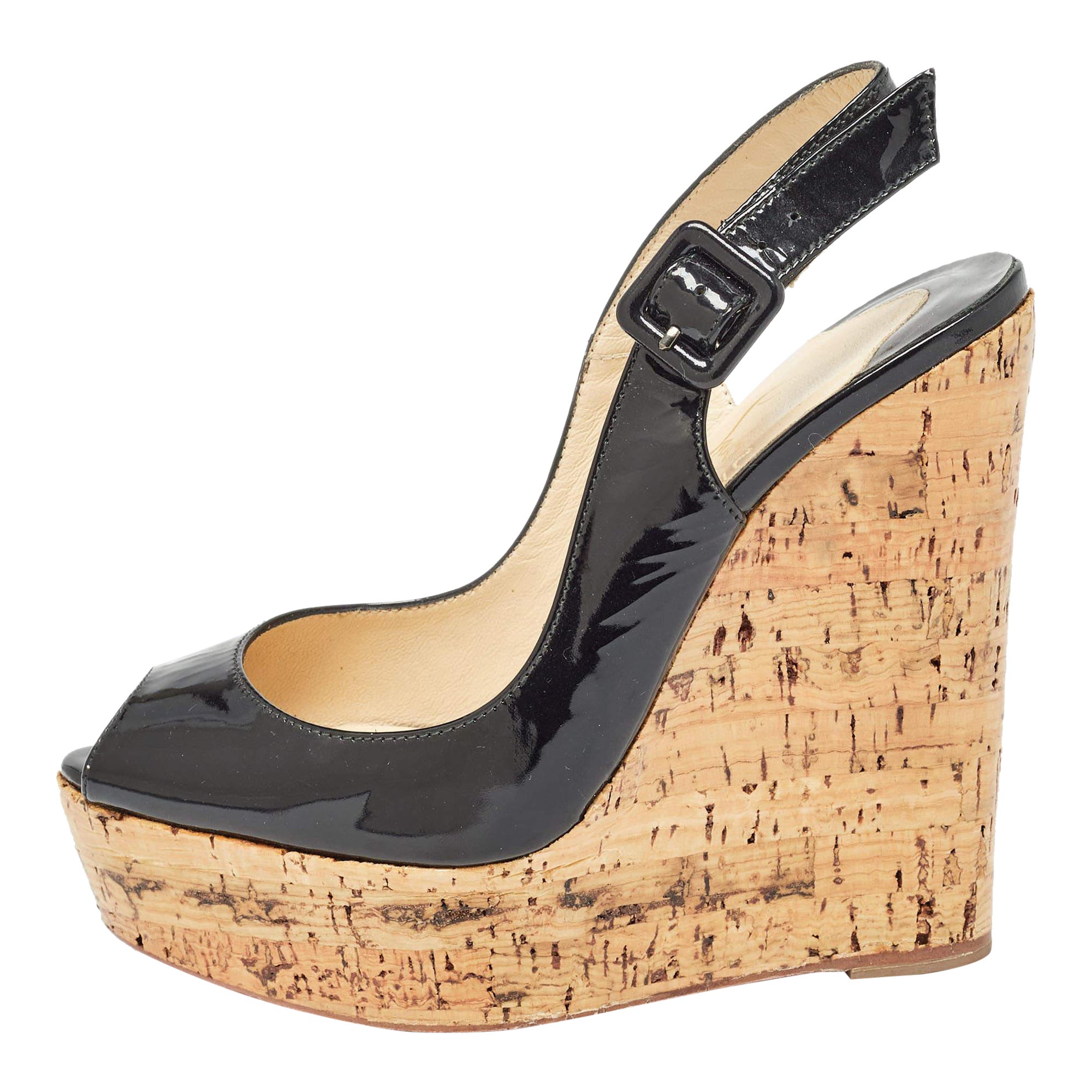 Christian Louboutin Black Patent Leather Une Plume Wedge Sandals Size 35