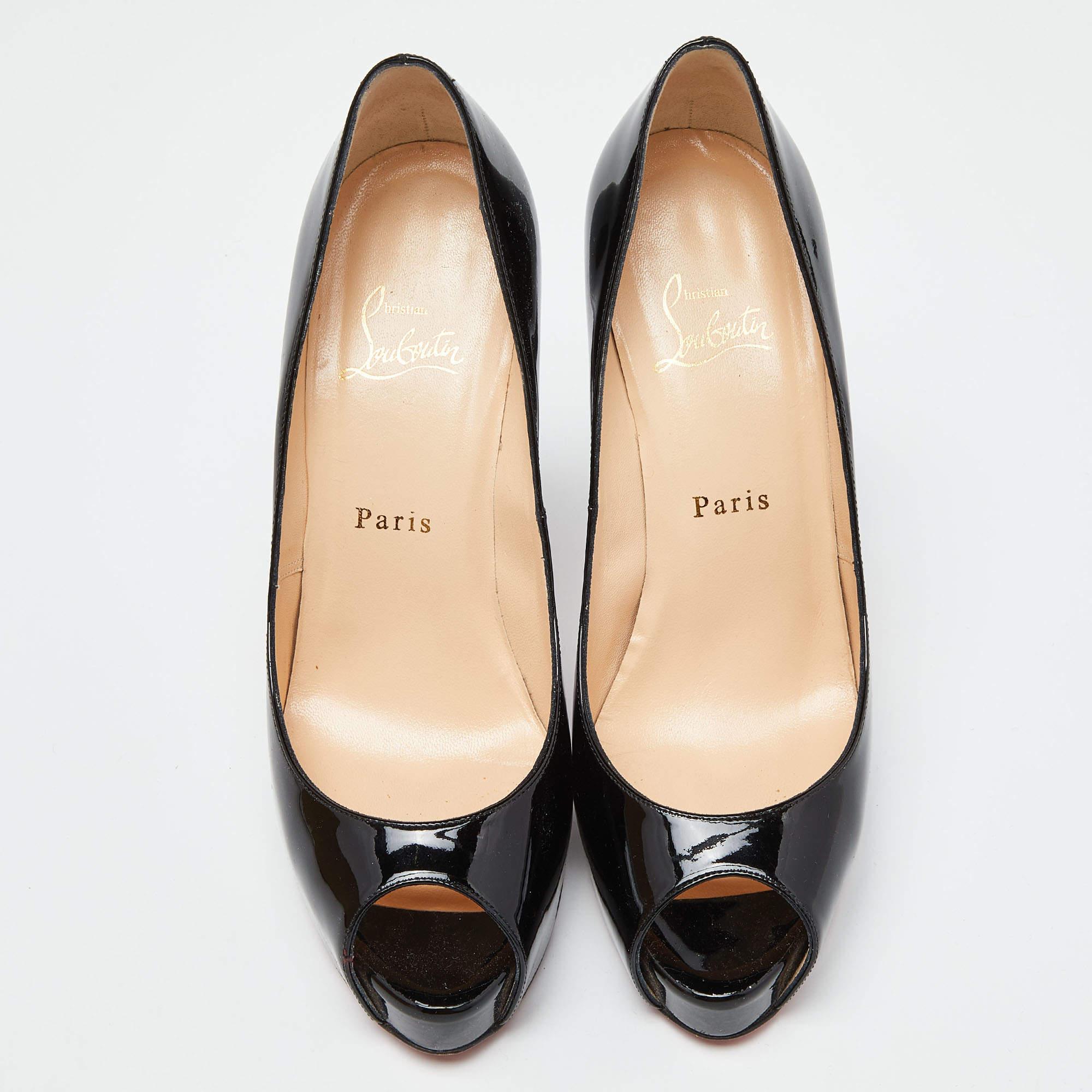Those stylish outfits will look a lot more appealing with these Vendome pumps from Christian Louboutin. They have been crafted from black patent leather into a peep-toe silhouette. They are made comfortable with leather-lined insoles and elevated on