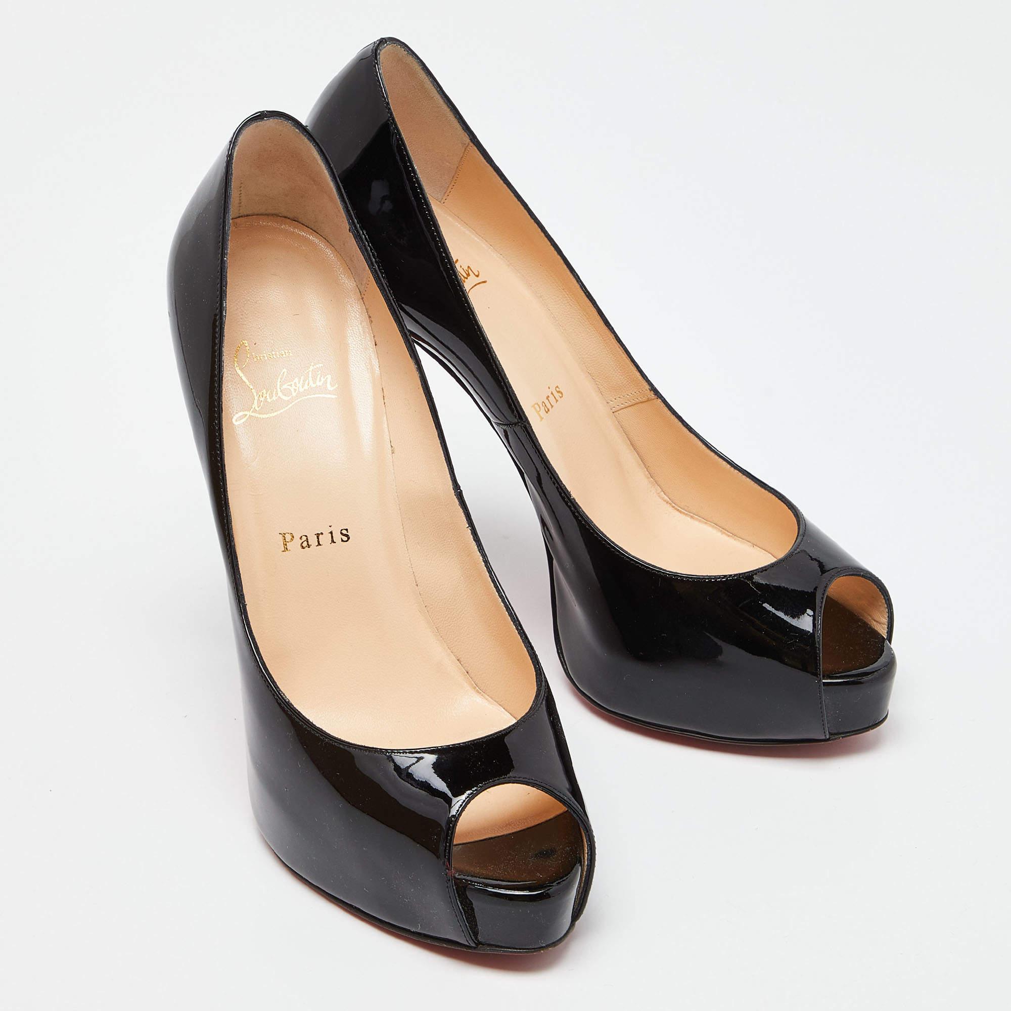 Women's Christian Louboutin Black Patent Leather Vendome 120 Peep Toe Pumps Size 39.5