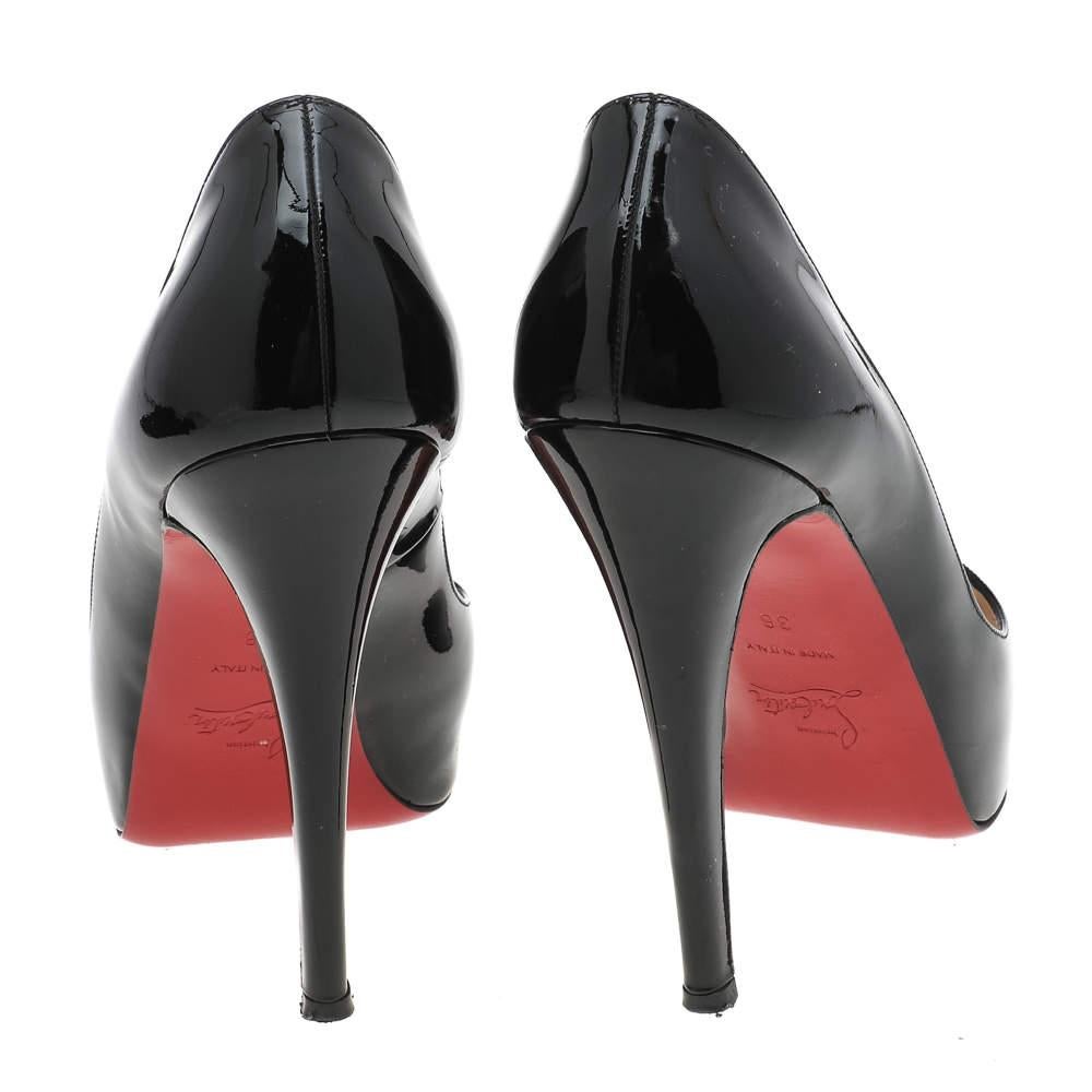 Christian Louboutin Black Patent Leather Very Prive Peep Toe Platform Pumps Size In Good Condition For Sale In Dubai, Al Qouz 2