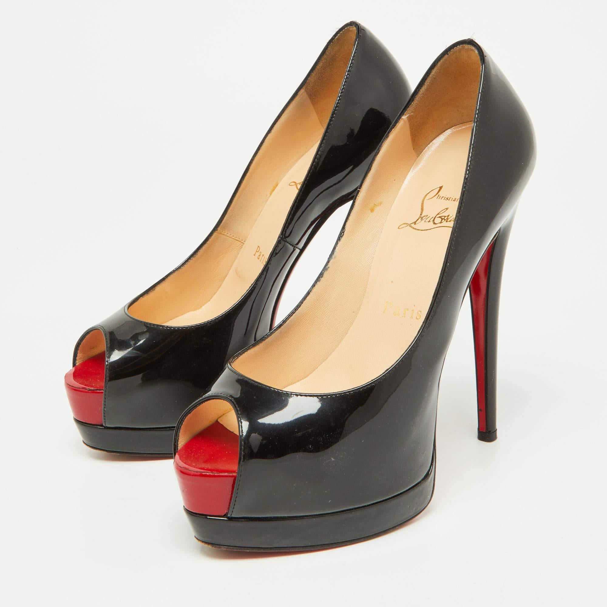Women's Christian Louboutin Black Patent Leather Very Prive Peep Toe Pumps Size 36 For Sale