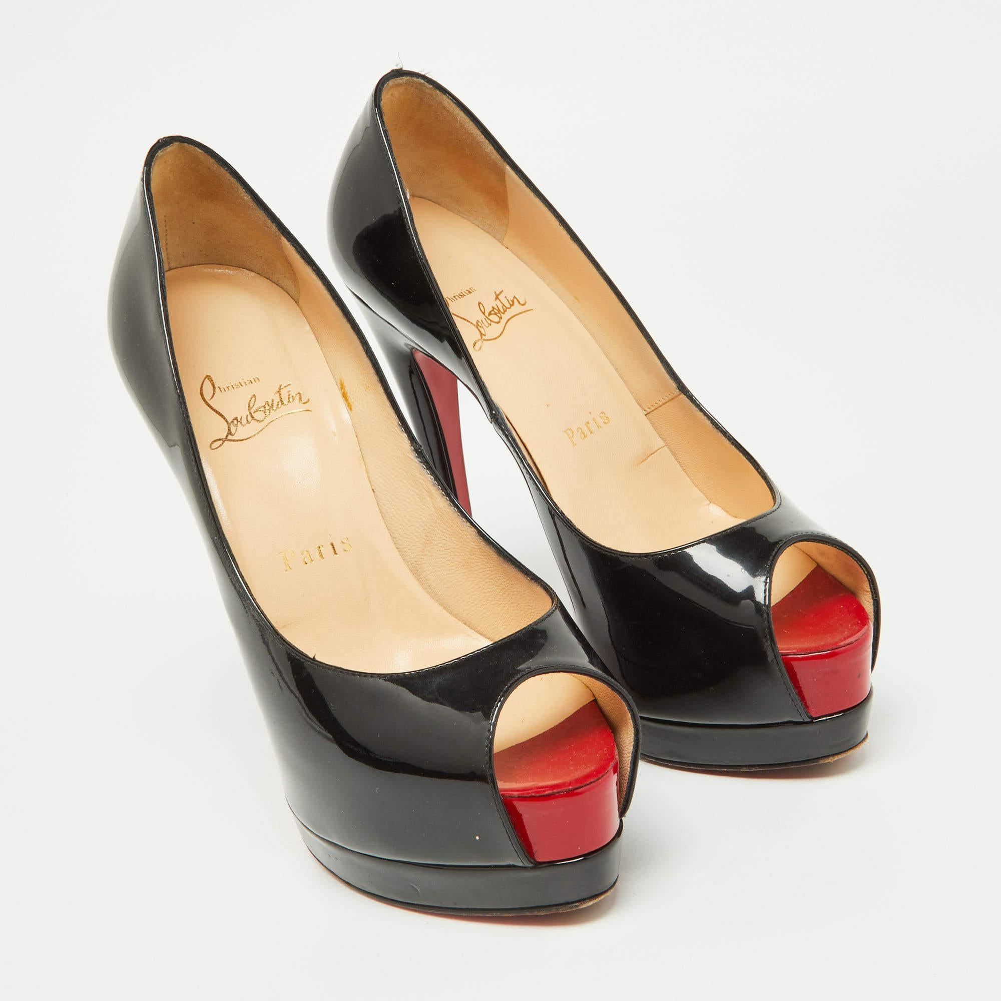 Christian Louboutin Black Patent Leather Very Prive Peep Toe Pumps Size 36 For Sale 1