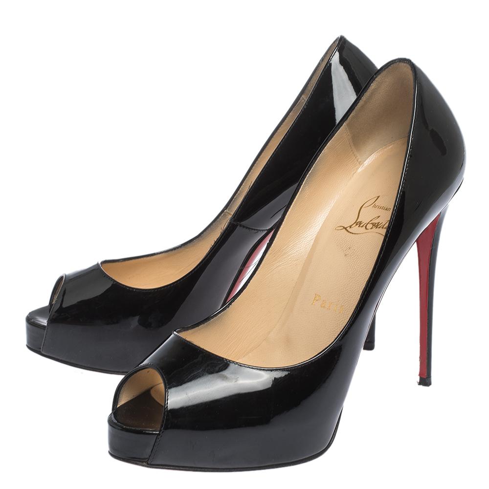 Women's Christian Louboutin Black Patent Leather Very Prive Peep Toe Pumps Size 38