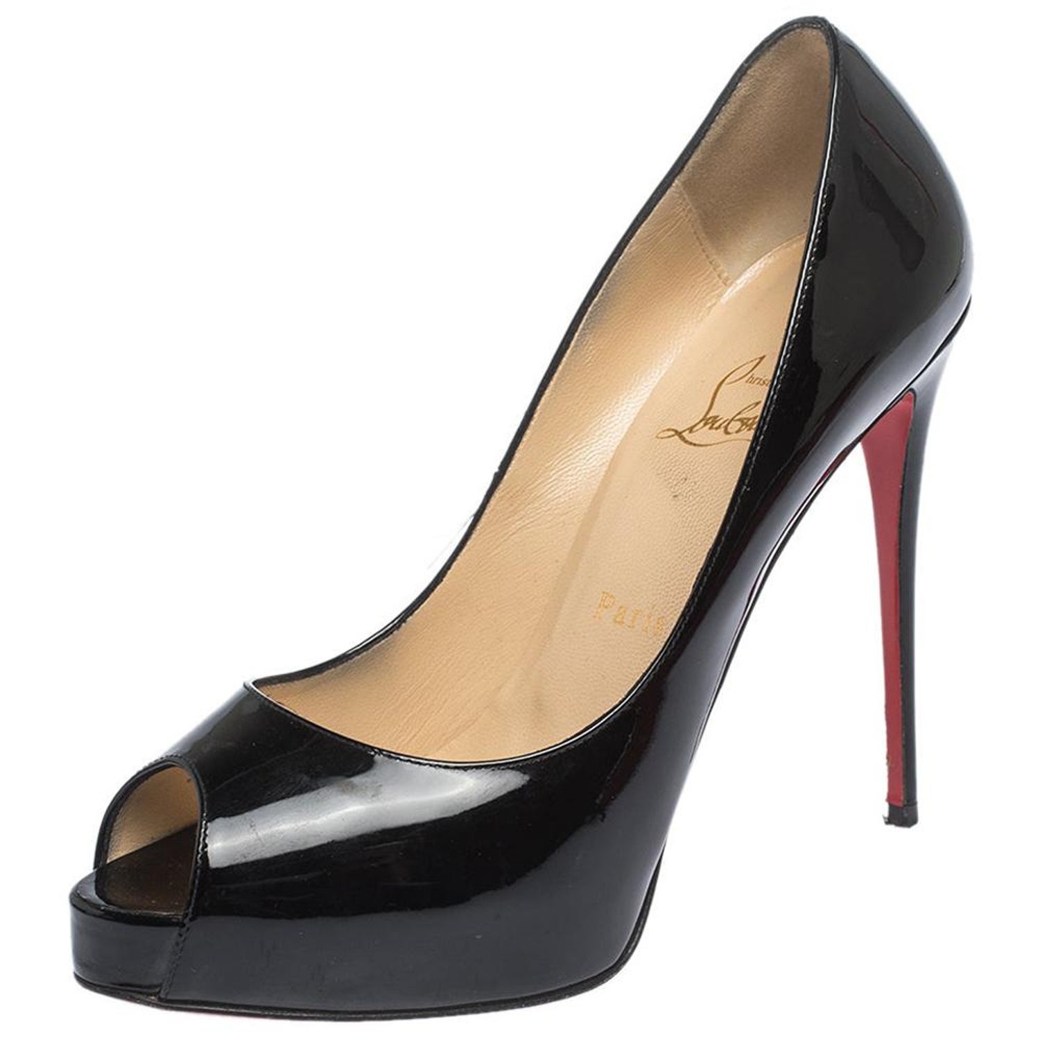 Louboutin Black Leather Very Prive Peep Toe Pumps Size 38 For Sale at 1stDibs