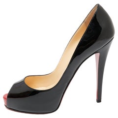 christian louboutin round toe pumps Christian Louboutin Black Patent Leather Very Prive Peep Toe Pumps Size 38.5