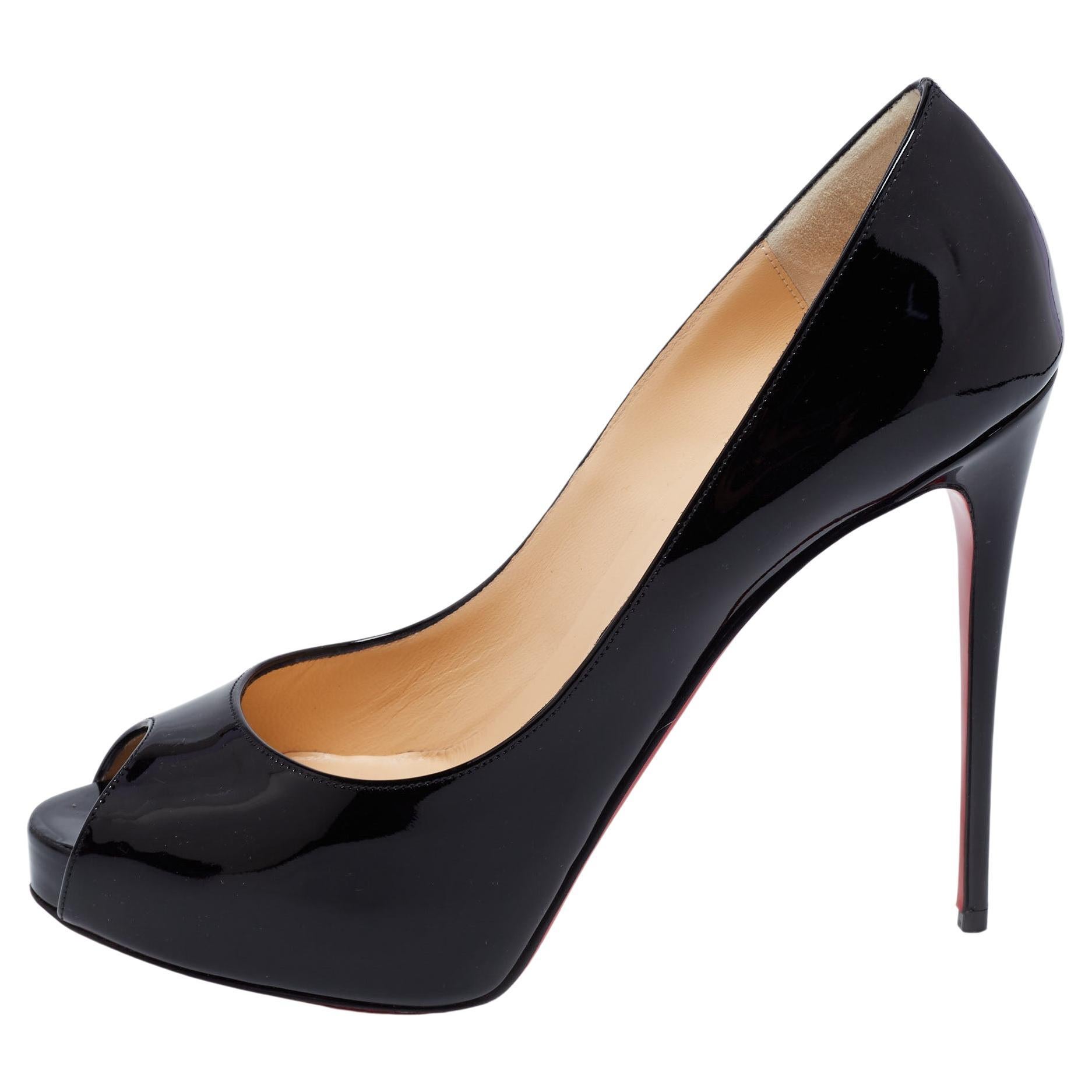 Christian Louboutin Black Patent Leather Very Prive Peep-Toe Pumps Size 38.5 For Sale